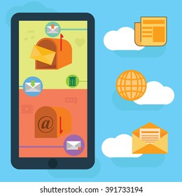 Flat vector mobile phone on a blue background with clouds and icons mail
