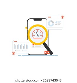 Flat vector of mobile speed analysis with dashboard, magnifying glass, and performance meter. Ideal for SEO audit, app performance, or web optimization projects