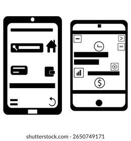 Um conjunto de ícones de IU móvel de vetor plano que exibe painel e elementos relacionados a finanças. Inclui ícone de página inicial, barra de pesquisa, carteira, configurações, gráfico e cifrão. Perfeito para aplicativos financeiros