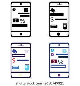 A flat vector mobile UI icon set representing an e-commerce discount interface. Includes price tags, dollar symbols, wallet icons, and percentage discount elements
