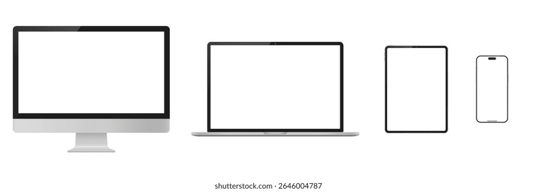 Conjunto de maquete de vetor plano de computador desktop, laptop, tablet e smartphone - modelo escalável mínimo para IU e apresentação