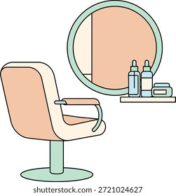 Vector plano de un interior moderno de salón de belleza con sillón profesional, espejo redondo y productos para el cuidado de la piel, ideal para la marca de bienestar, marketing de spa y promociones cosméticas.
