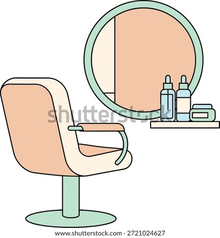 Flat vector of a modern beauty salon interior with professional chair, round mirror, and skincare products, ideal for wellness branding, spa marketing, and cosmetic promotions.
