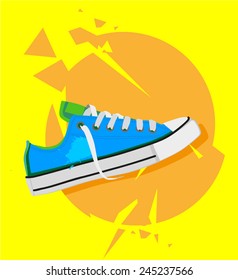 Flat vector modern illustration with sport shoe on grunge yellow and orange dynamic grunge background. Good for print design, advertisement and any graphic design.