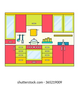 Flat vector modern kitchen interior, modern kitchen, kitchen cabinet, kitchen counter with bright colors 