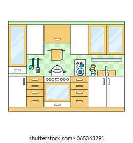 Flat vector modern kitchen interior, modern kitchen, kitchen cabinet, kitchen counter with bright colors 