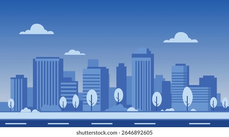 Flat Vector Modern Urban City Skyline with Skyscrapers, Trees and Road in Blue Color