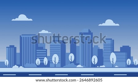 Flat Vector Modern Urban City Skyline with Skyscrapers, Trees and Road in Blue Color