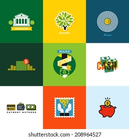 Flat vector money concepts. Creative icons of wallet, banking, cash, growth, piggy bank, coins
