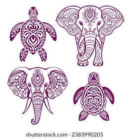 Dibujo de silueta de contorno monocromático vectorial plano de tortuga y elefante al estilo indio