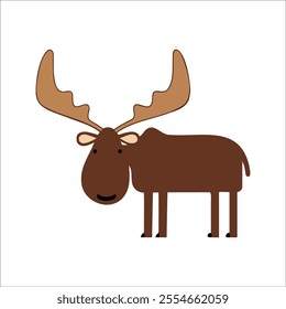 Flat Vector Moose Illustration, Cartoon Design with Brown Body and Wide Antlers, Clean Minimalist Aesthetic