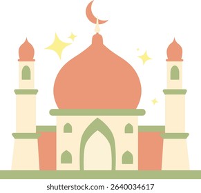 Flat vector mosque with orange domes and crescent moon, ideal for Ramadan greeting cards, Eid posters, and Islamic celebration design.