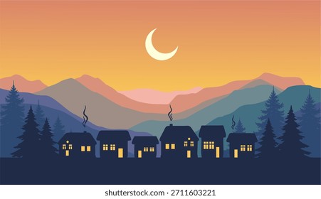 Flat Vector Mountain Landscape with Christmas Tree Silhouette
