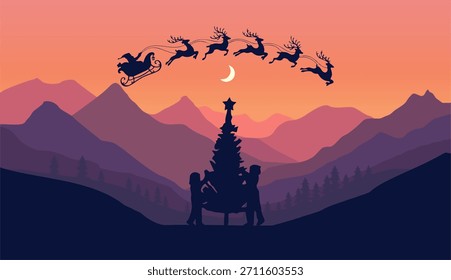 Flat Vector Mountain Landscape with Christmas Tree Silhouette
