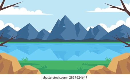 Flat vector mountain landscape design illustrates jagged high peaks reflecting in a calm blue lake with bare trees.