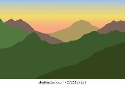 Vetor plano paisagem de montanha ilustração. Fundo da natureza panorâmica com colinas verdes, picos e céu do pôr do sol. Vista panorâmica panorâmica ao ar livre em estilo de design minimalista.