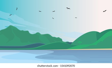 Flat Vector Mountain Landscape Near The Lake. Flat Vector Illustration. Flat Design Background. Web vector illustration.