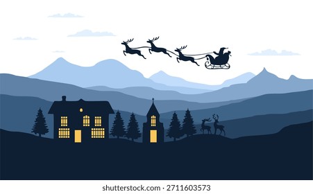 Paisaje de montaña de Vector plano. Panorama montañoso y tren de Navidades, pinos y siluetas montañosas. Navidades tema Vector de fondo.