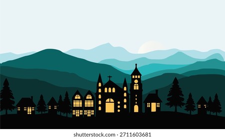 Vetor plano Paisagem de montanha. Panorama de uma aldeia de Natal e silhuetas de veados e pinheiros. Fundo de vetor temático de Natal.