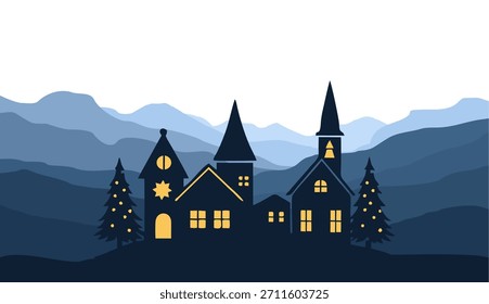 Vetor plano Paisagem de montanha. Panorama de uma aldeia de Natal e silhuetas de veados e pinheiros. Fundo de vetor temático de Natal.