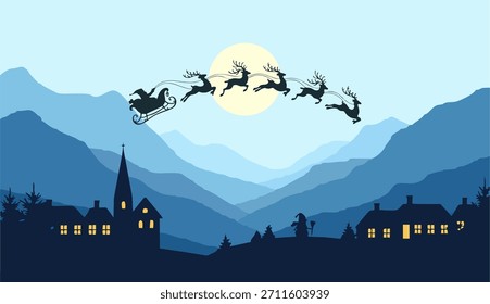 Paisaje de montaña de Vector plano. Panorama montañoso y tren de Navidades, pinos y siluetas montañosas. Navidades tema Vector de fondo.