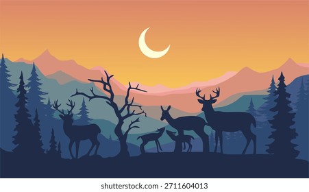 Flat vector Mountain landscape. Mountain panorama and silhouette of deer, pine trees. Christmas themed vector background.