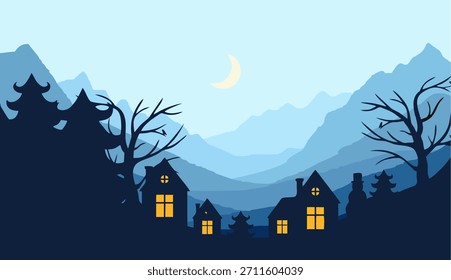 Paisaje de montaña de Vector plano. Panorama de un pueblo de Navidades y siluetas de ciervos y pinos. Navidades temáticas de fondo de Vector.