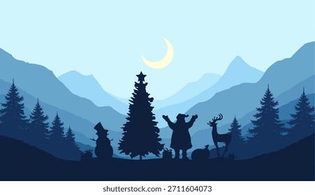  Flat vector mountain landscape. Panorama celebrating Christmas with silhouettes of deer and pine trees. Christmas themed vector background.