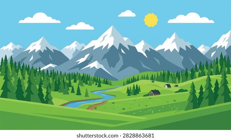 Flat Vector Mountain Landscape With River Pine Forest Meadow Background