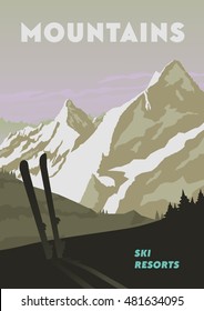 Flat, vector. Mountain resorts poster. Beautiful view of the mountains.