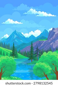 Flat vector mountain river landscape with pine trees, green hills and rocky peaks. Peaceful wilderness nature background.