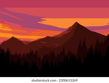 flat vector mountain sunset landscape with pine forest silhouette