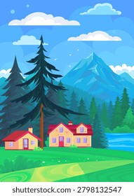 Flat vector mountain village landscape with pine forest, lake and countryside houses. Bright outdoor nature scene with alpine backdrop.