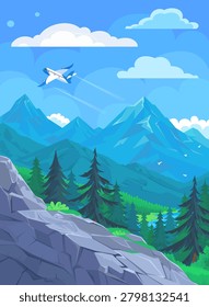 Flat vector mountain wilderness landscape with rocky cliff, pine forest and flying airplane. Scenic outdoor travel background.