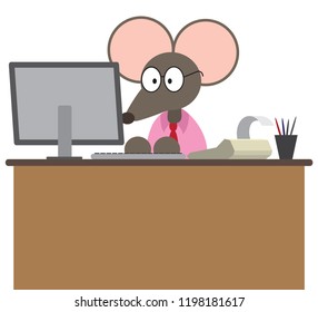 A flat vector mouse accountant is working on his computer at his desk