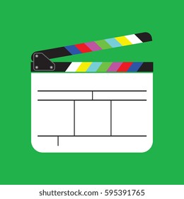 A flat vector movie clapboard on a solid color background.