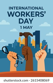 Flat vector of multiracial hands holding tools hammer, pen, and stethoscope celebrating unity and diversity on International Workers’ Day, May 1.