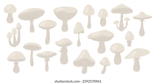 Flat Vector Mushroom Icon Set. Hand Drawn Mushroom Illustrations. Wild Mushroom Collection, Forest Mushroom Elements. Botanical Art, Culinary Designs, Nature Decor. Vector Illustration