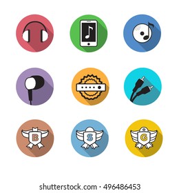 Flat vector music related icons set long shadow colorful circle background
