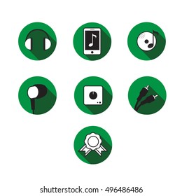 Flat vector music related icons set, long shadow circle green background