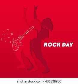 Flat, vector. The musician playing rock guitar. Silhouette of a man with a musical instrument. Music Day.