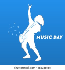 Flat, vector. The musician playing rock guitar. Silhouette of a man with a musical instrument. Music Day.