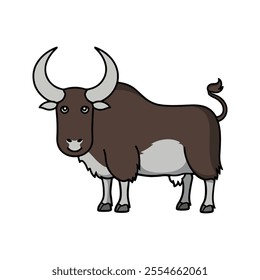 Flat Vector Musk Ox Illustration, Cartoon Design with Brown Body and Curved Horns, Clean Minimalist Style