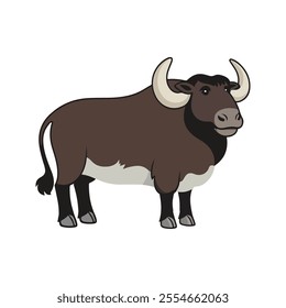 Flat Vector Musk Ox Illustration, Cartoon Design with Brown Body and Curved Horns, Clean Minimalist Style