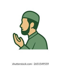 Vetor plano de homem muçulmano rezando com boné verde, perfeito para a educação islâmica, guias religiosos, cartaz de adoração, conteúdo baseado na fé e design comunitário