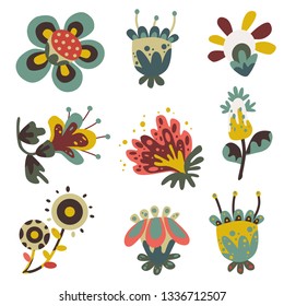 flat vector naive decorative fantasy, magic flowers set. Isolated