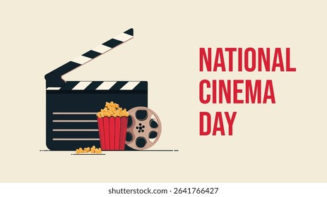 Flat Vector National Cinema Day Design with Popcorn Film Reel and Clapperboard
