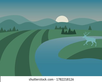 Paisaje natural vectorial plano con río, ciervo, montañas y primos