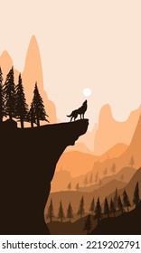 flat vector nature background with sunset and pine trees, a wolf roaring