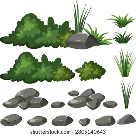 Flat vector nature elements including green shrubs, grass tufts, and grey stones on white background.